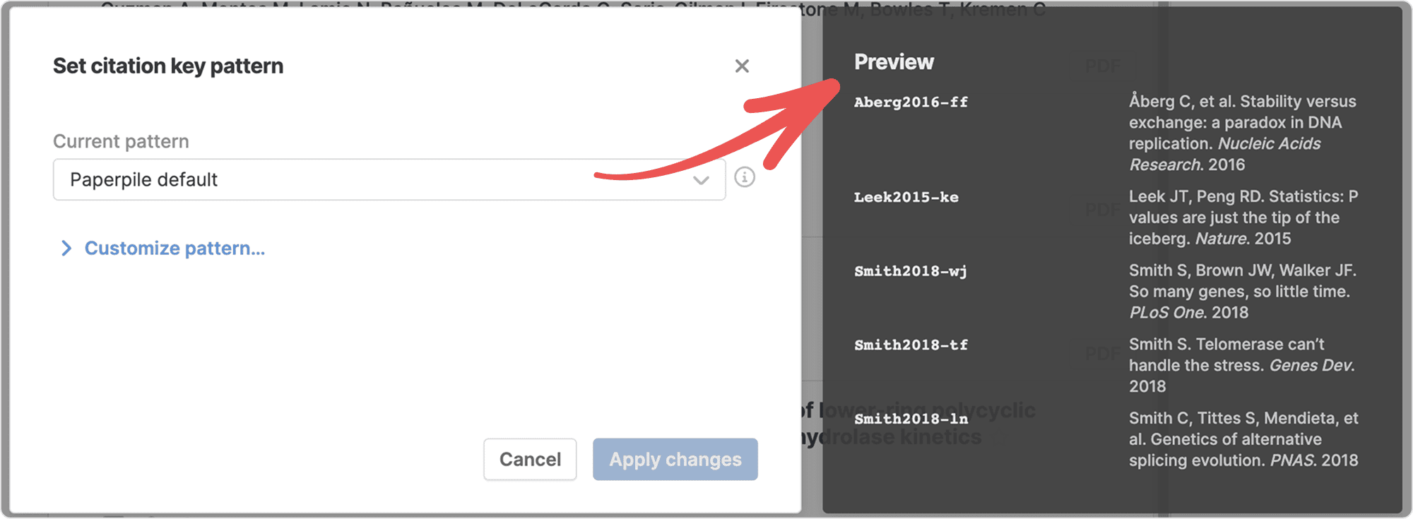 The “Set citation key pattern” dialog beside a red arrow pointing to the Preview panel, which lists generated keys such as Aberg2016-ff, Leek2015-ke and Smith2018-wj against their full references.